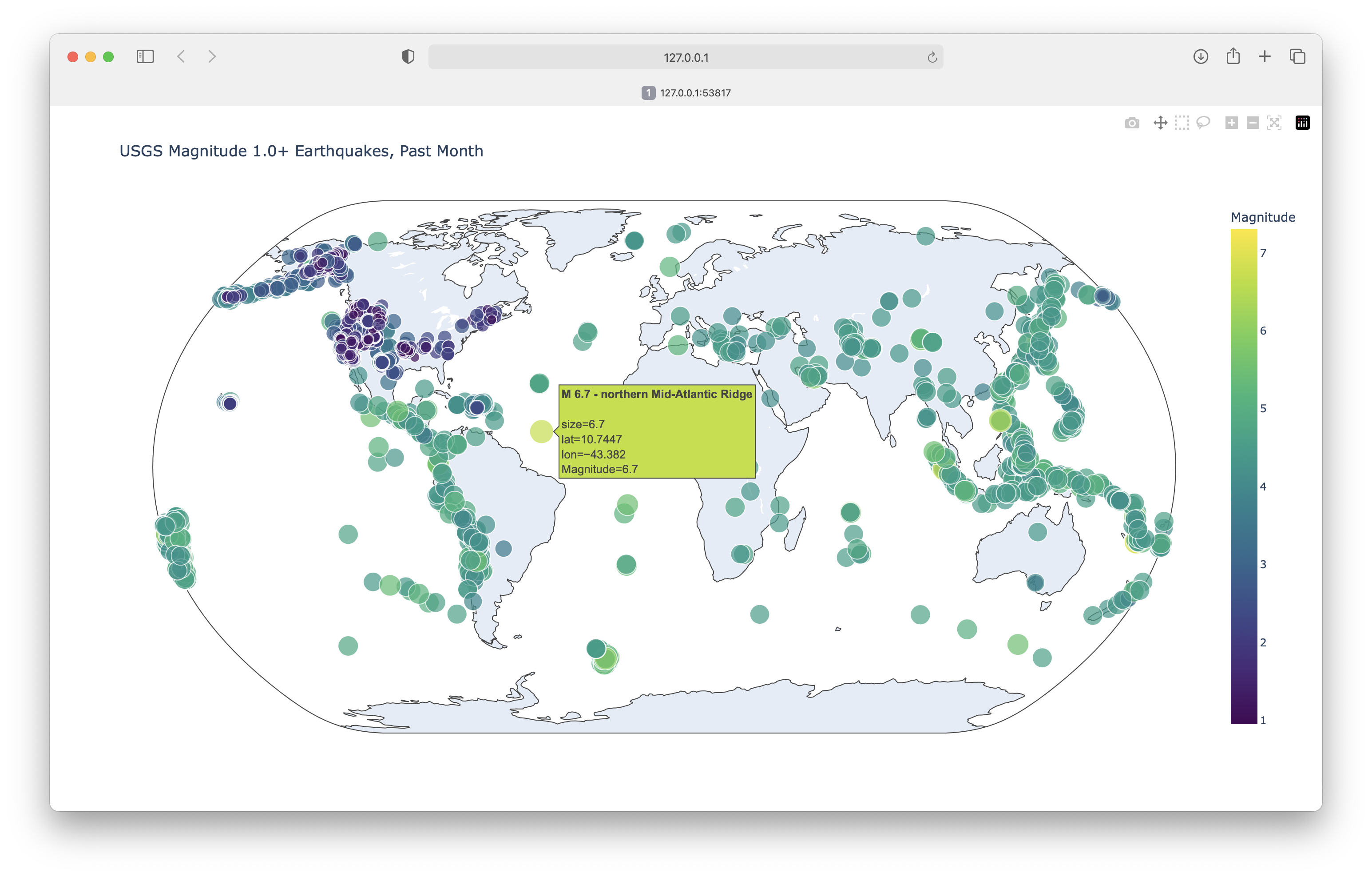 Map showing 30 days of worldwide earthquake activity.