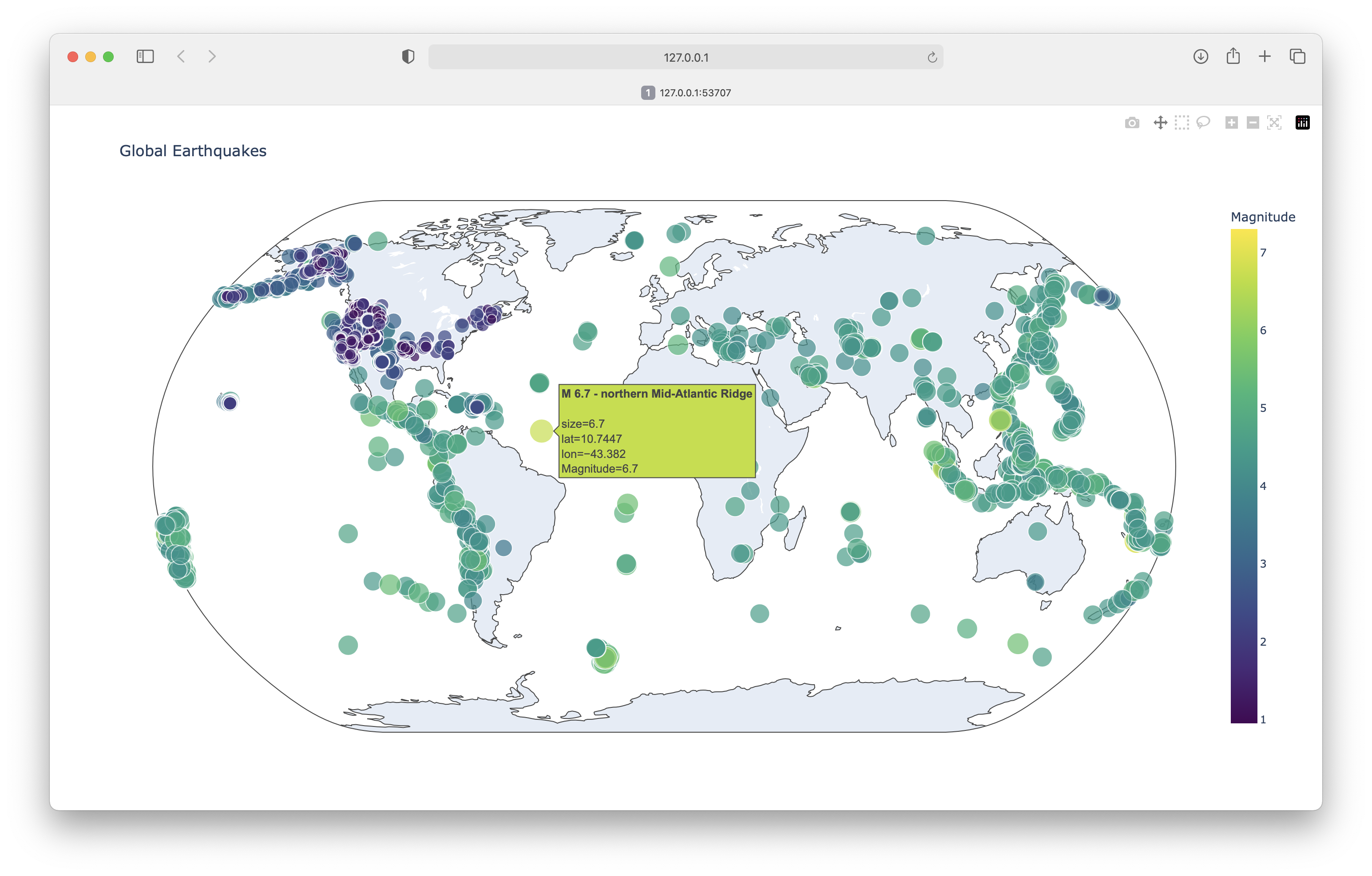 Map showing 30 days of worldwide earthquake activity.