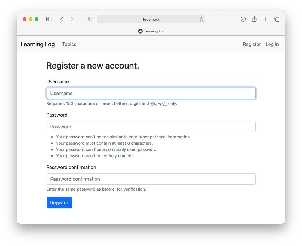The register page for Learning Log, using Bootstrap styling.