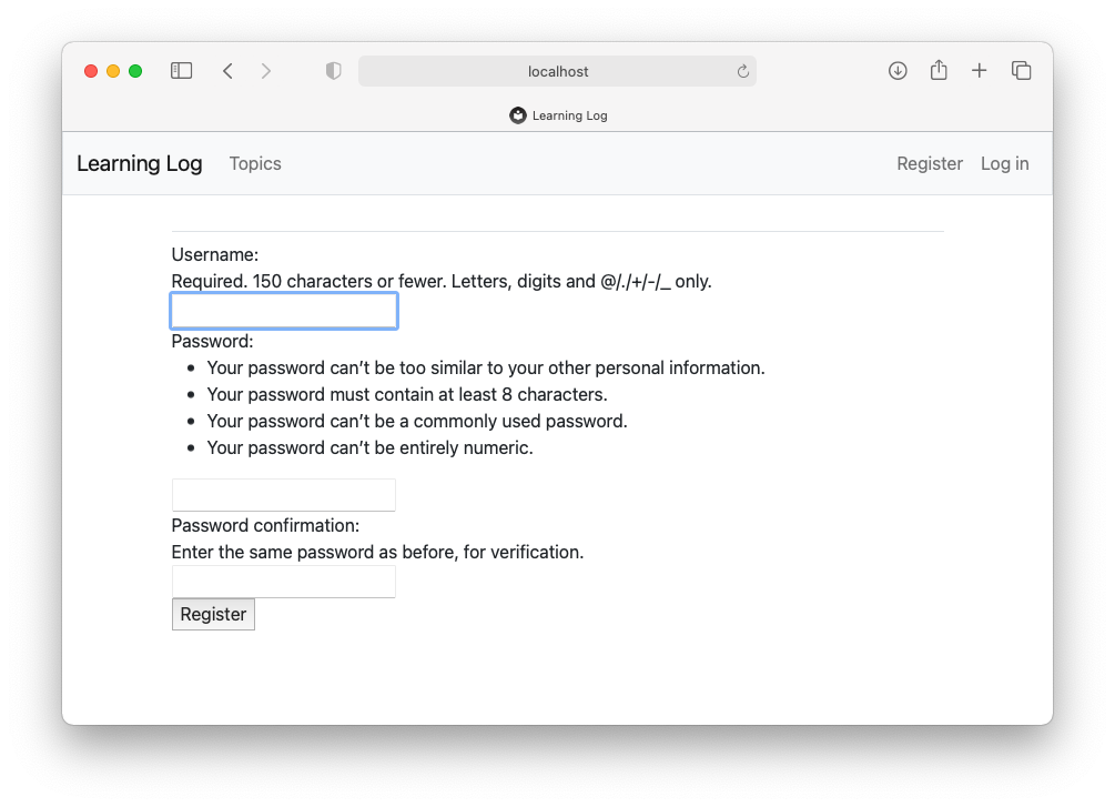 The register page for Learning Log, without using Bootstrap styling.